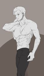  1boy abs bad_id bad_twitter_id cowboy_shot earrings greyscale highres holding holding_towel jewelry looking_to_the_side male_focus monochrome mulmulgogibbq muscular muscular_male one_piece pants roronoa_zoro scar scar_across_eye scar_on_chest short_hair simple_background solo sweatdrop torso towel 