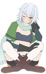  ;) absurdres ai-nohikari aqua_scarf bike_shorts bike_shorts_under_shorts black_gloves black_sports_bra boots brown_footwear chris_(konosuba) closed_mouth female gloves highres indian_style kono_subarashii_sekai_ni_shukufuku_wo! light_blush looking_at_viewer one_eye_closed purple_eyes scar scar_on_face scarf short_hair shorts simple_background sitting smile solo sports_bra thighhighs unfinished white_background white_hair white_thighhighs 