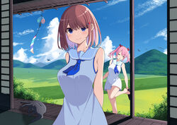  2girls absurdres bad_id bad_pixiv_id bare_shoulders black_cat blue_eyes blue_neckerchief blue_sky breasts brown_hair dress feline highres large_breasts mountain multiple_girls nanasaki_potato neckerchief original outdoors pink_hair rural sailor_collar school_uniform sideboob sky sleeveless sleeveless_dress summer_uniform twintails wind_chime 