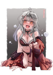  absurdres ahoge alternate_costume animal_collar arm_support black_collar black_hair blush bra braid breasts collar commentary_request crazy_eyes crazy_smile curry_bowl dress female frilled_bra frilled_panties frills full-face_blush grey_hair hair_ornament hairclip heart_o-ring highres hololive large_breasts leash lingerie long_hair long_sleeves multi-strapped_panties o-ring o-ring_thigh_strap oerba_yun_fang official_alternate_hair_length official_alternate_hairstyle open_clothes open_dress open_mouth panties pov red_bra red_dress sakamata_chloe side_braid skin_fang smile solo straight_hair thigh_strap twitter_username underwater underwear viewer_on_leash virtual_youtuber x_hair_ornament yandere 