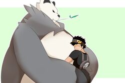  3:2 96_gatefield accessory anthro arms_around_partner backpack belly big_belly clothing duo generation_6_pokemon headband hug human looking_down male male/male mammal nintendo overweight overweight_anthro overweight_male pangoro pokemon pokemon_(species) size_difference smaller_male 