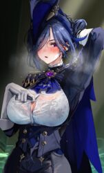  arm_behind_head ascot black_corset black_skirt blue_cape blue_hair blue_hat blush bra_visible_through_clothes breasts button_gap cape cleavage clorinde_(genshin_impact) commentary_request corset dark_blue_hair drop_earrings earrings elbow_gloves epaulettes female fold-over_gloves genshin_impact gloves hair_lift hair_ribbon hat hat_feather high-waist_skirt highres hominamia jewelry large_breasts long_hair long_sleeves looking_at_viewer low_ponytail multicolored_hair open_mouth parted_bangs pencil_skirt purple_eyes ribbon shirt skirt solo streaked_hair sweat sweaty_clothes tricorne very_sweaty vision_(genshin_impact) white_gloves white_shirt 