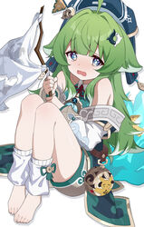  absurdres ahoge animal_ears bare_shoulders barefoot blue_eyes blue_hat blush chinese_clothes collared_shirt detached_sleeves feet female flag fox_ears fox_girl green_hair hair_ornament hat highres holding honkai:_star_rail honkai_(series) huohuo_(honkai:_star_rail) leg_warmers long_hair looking_at_viewer neck_ribbon ofuda open_mouth paw-shaped_pupils red_ribbon ribbon shirt shorts sidelocks simple_background single_sock sitting socks solo symbol-shaped_pupils tail_(honkai:_star_rail) tearing_up toes uefw8437 wavy_hair white_background white_flag white_sleeves yin_yang_hair_ornament 