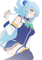  absurdres ai-nohikari aqua_(konosuba) aqua_bow aqua_bowtie black_footwear blue_eyes blue_hair blue_shirt blue_skirt boots bow bowtie breasts closed_mouth detached_sleeves dutch_angle feet_out_of_frame female highres knee_boots kono_subarashii_sekai_ni_shukufuku_wo! light_blush long_hair looking_at_viewer medium_breasts miniskirt shirt simple_background sitting skirt sleeveless sleeveless_shirt smile solo unfinished white_background 