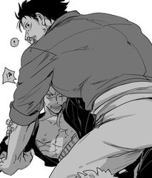  !? 2boys abs aged_up alternate_facial_hair bara bare_pectorals blush caught covering_another&#039;s_mouth facial_hair from_behind greyscale izayoi_(hosiume-sukonnbu) japanese_clothes kimono looking_at_viewer looking_back male_focus mature_male monkey_d._luffy monochrome multiple_boys muscular muscular_male nipples one_piece open_clothes open_kimono pectorals pinned roronoa_zoro scar short_hair sideburns_stubble size_difference sparse_stubble spoken_interrobang straddling stubble toned toned_male yaoi 