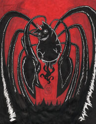  2023 black_and_white_and_red ed_mortis eldritch_abomination empty_eyes equid equine feral fluffy_pony fluffy_pony_(species) full-length_portrait fur glowing glowing_eyes hi_res hooves horn horror_(theme) mammal marker_(artwork) monster mythological_creature mythological_equine mythology nightmare_fuel portrait red_background restricted_palette sharp_teeth simple_background teeth tentacle tentacle_creature toothy_grin traditional_media_(artwork) unguligrade unicorn watermark 