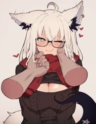  1boy ahoge alternate_costume animal_ear_fluff animal_ear_piercing animal_ears blush braid breasts cleavage earrings female fox_ears fox_girl fox_tail glasses green_eyes hair_between_eyes heart heart-shaped_pupils highres hololive jewelry large_breasts long_hair looking_at_viewer pentagram shirakami_fubuki side_braid single_braid symbol-shaped_pupils tail variant_set varniskarnis virtual_youtuber white_hair 