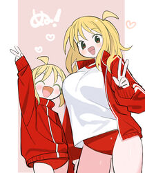  2girls ^_^ absurdres aged_up ahoge arm_up blonde_hair blush breasts buruma closed_eyes cowboy_shot dual_persona facing_viewer hand_up heart highres jacket kokaki_mumose large_breasts long_hair long_sleeves looking_at_viewer matching_outfits multiple_girls null-meta open_clothes open_jacket open_mouth outside_border pillarboxed pink_background red_buruma red_eyes shirt side-by-side simple_background smile track_jacket turtleneck turtleneck_jacket uozumi_kurumi v w white_shirt 