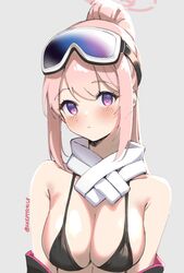  bare_shoulders bikini black_bikini blue_archive blush breasts commentary dated_commentary eimi_(blue_archive) eimi_(swimsuit)_(blue_archive) female goggles goggles_on_head grey_background head_tilt looking_at_viewer off_shoulder official_alternate_costume pink_hair ponytail purple_eyes scarf sidelocks simple_background skeptycally solo swimsuit upper_body white_scarf 