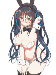  :/ alternate_hairstyle animal_ear_hairband animal_ears arm_strap arm_up assault_lily bare_shoulders bespectacled bikini black_bow black_bowtie black_choker black_hair black_hairband black_thighhighs blue_ribbon blush bow bow_bikini bowtie breasts choker cleavage closed_mouth commentary_request cowboy_shot detached_collar fake_animal_ears female glasses hair_ribbon hairband halterneck hand_on_own_thigh heart_o-ring highres holding holding_ribbon jewelry large_breasts long_hair looking_at_viewer navel o-ring o-ring_bikini o-ring_bottom o-ring_choker o-ring_top purple_eyes rabbit_ears red-framed_eyewear red_bow ribbon ring shirai_yuyu sidelocks simple_background skull573 solo stomach strap_gap string_bikini swimsuit thigh_gap thighhighs two_side_up v-shaped_eyebrows very_long_hair wavy_hair white_background white_bikini wrist_cuffs 