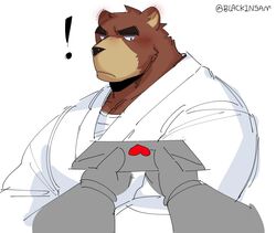  2023 anthro artist_name bear black_bear blackinsam blush brown_body brown_fur clothing colored countershade_snout countershading duo exclamation_point fur heart_symbol juuichi_mikazuki keikogi letter male mammal martial_arts_uniform moon_bear morenatsu multicolored_body multicolored_fur simple_background snout solo_focus sportswear tan_body tan_fur two_tone_body two_tone_fur ursine white_background white_clothing 