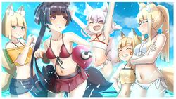  5girls :d adjusting_clothes adjusting_swimsuit animal_ear_fluff animal_ears arms_up ball bare_arms bare_shoulders beachball bikini bikini_skirt black_hair blonde_hair blue_eyes blue_shorts blue_sky blush breasts cellphone closed_eyes closed_mouth cloud collarbone criss-cross_halter crossed_arms day denim denim_shorts diagonal_bangs facial_mark flat_chest fox_ears fox_girl fox_tail front-tie_bikini_top front-tie_top grey_hair grin hair_over_one_eye halterneck hand_on_own_hip highleg highleg_bikini highres holding holding_phone horizon kasumi_(kuro_kosyou) kitsune kono_iroha kono_tsukuha koyuki_(kuro_kosyou) kuro-chan_(kuro_kosyou) kuro_kosyou long_hair multiple_girls navel ocean oerba_yun_fang off-shoulder_shirt off_shoulder open_clothes open_shorts original outdoors parted_lips phone ponytail purple_eyes red_bikini shirt short_eyebrows short_hair short_shorts short_sleeves shorts sky small_breasts smile swimsuit tail thick_eyebrows very_long_hair water white_bikini yellow_bikini yellow_shirt 