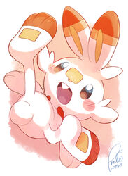  2023 3_toes action_pose anthro blush blush_lines buckteeth featureless_crotch feet fur generation_8_pokemon hi_res long_ears male nintendo open_mouth pokemon pokemon_(species) pose probe044913 raised_leg scorbunny solo spread_legs spreading tail teeth toes white_body white_fur 