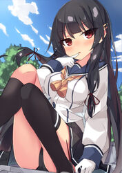  beritabo black_hair black_panties black_skirt black_socks black_thighhighs blue_sailor_collar blush breasts commentary_request female gloves hair_between_eyes hair_ribbon highres isokaze_(kancolle) kantai_collection kneehighs large_breasts long_hair looking_at_viewer panties parted_lips pleated_skirt red_eyes red_ribbon ribbon sailor_collar sailor_shirt shirt single_kneehigh single_sock single_thighhigh skirt socks solo thighhighs tress_ribbon underwear white_gloves white_shirt 