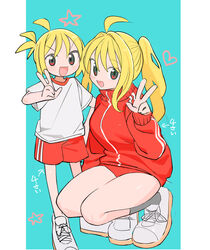  2girls absurdres aged_up ahoge alternate_costume arrow_(symbol) black_socks blonde_hair blue_background blush breasts buruma dual_persona gym_shorts gym_uniform hand_up heart height_difference highres jacket kokaki_mumose large_breasts long_hair long_sleeves looking_at_viewer multiple_girls null-meta open_mouth outside_border pillarboxed ponytail red_buruma red_eyes red_jacket red_shorts shirt shoes short_hair short_ponytail short_sleeves shorts side-by-side simple_background smile sneakers socks squatting star_(symbol) track_jacket translated turtleneck turtleneck_jacket uozumi_kurumi v-shaped_eyebrows w white_shirt 