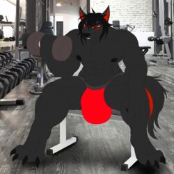  1:1 abs absurd_res alexzandr_sokolov anthro biceps big_bulge black_body black_fur black_hair black_nose bulge canid canine canis claws clothing detailed_bulge digitigrade english_text exercise fur hair hand_on_knee hand_on_leg hi_res huge_bulge jockstrap male mammal markings muscular muscular_thighs nipples pecs red_eyes red_markings sitting solo text underwear weightlifting wolf workout zi0808 