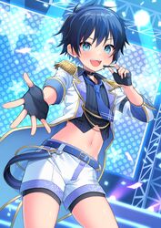  1boy adjusting_headset aqua_eyes belt blue_necktie choker commission epaulettes fingerless_gloves gloves headset highres idol looking_at_viewer male_focus midriff multicolored_hair navel necktie original outstretched_arm shorts skeb_commission smile solo stage stage_lights star_(symbol) star_in_eye symbol_in_eye thighs two-tone_hair utsunomiya_hetaru 