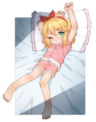  absurdres arms_up bare_legs barefoot bed_sheet blonde_hair blush collarbone collared_shirt feet female full_body green_eyes hair_between_eyes hair_ribbon hairband highres idolmaster idolmaster_cinderella_girls idolmaster_cinderella_girls_u149 looking_at_viewer lying on_back one_eye_closed pajamas pillow pink_pajamas pink_shirt pink_shorts red_hairband red_ribbon ribbon sakurai_momoka shirt short_hair shorts sweatdrop thighs toes yokappa_(jokappa) 