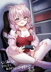  ahoge animal_ear_fluff animal_ears ankle_socks artist_name blush braid breasts cat_ears cat_girl chair chemise collarbone commentary_request commission controller female full_body game_controller gaming_chair glasses grey_shorts grey_socks hair_ribbon heart highres holding holding_controller holding_game_controller indian_style indie_virtual_youtuber indoors izumiya_konomi long_hair long_sleeves looking_ahead medium_breasts natsuki_(gedo) off_shoulder on_chair open_mouth orange-framed_eyewear pink_eyes pink_hair red_chemise red_ribbon ribbon second-party_source semi-rimless_eyewear shelf shorts signature sitting skeb_commission socks solo swivel_chair thank_you twin_braids twintails under-rim_eyewear virtual_youtuber wavy_mouth 