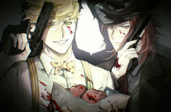  2boys apple black_jacket blonde_hair blood blood_on_clothes blood_on_face blood_on_hands bow bowtie closed_mouth collared_shirt food fruit granblue_fantasy green_eyes gun highres holding holding_gun holding_weapon jacket looking_at_viewer male_focus medium_hair multiple_boys open_clothes open_jacket percival_(granblue_fantasy) red_eyes red_hair shadow_skg shirt short_hair smile suspenders teeth upper_body vane_(granblue_fantasy) weapon white_shirt 