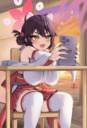  :d absurdres animal_ears bare_shoulders blue_archive breasts brown_hair chair desk female fluffyebi01 hair_ornament halo hamster_ears hanging_breasts highres holding holding_tablet_pc ipad japanese_clothes kaede_(blue_archive) large_breasts miko open_mouth red_halo sitting smile solo tablet_pc thighhighs wide_sleeves yellow_eyes 