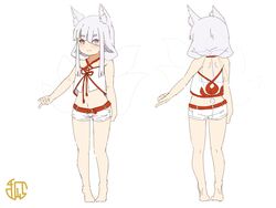  animal_ears bare_arms bare_legs bare_shoulders barefoot belt belt_buckle buckle closed_mouth collarbone commentary_request diagonal_bangs eyes_visible_through_hair female fox_ears fox_girl fox_tail hair_over_one_eye highres kitsune kneepits koyuki_(kuro_kosyou) kuro_kosyou multiple_views navel original purple_eyes red_belt short_eyebrows short_shorts shorts simple_background smile tail thick_eyebrows turnaround white_background white_shorts 