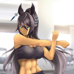  abs animal_ears aqua_eyes arm_up black_sports_bra blurry blurry_background breasts brown_hair exercise_machine female gym hair_between_eyes hand_up high_ponytail highres horse_ears horse_girl indoors large_breasts light_blush long_hair looking_at_viewer navel outstretched_arm solo sports_bra stomach stretching symboli_kris_s_(umamusume) tan tanio_(tanio_0114) toned toned_female umamusume upper_body very_long_hair 