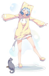  absurdres ahoge alternate_costume blue_hair cat_tail closed_eyes feline female full_body furina_(genshin_impact) genshin_impact hair_between_eyes highres legs light_blue_hair long_sleeves multicolored_hair open_mouth short_hair simple_background smile snozaki solo streaked_hair tail two-tone_hair white_background 