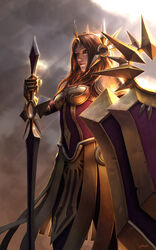  armor backlighting bikini_armor breastplate brown_eyes brown_hair cassio_yoshiyaki commentary cowboy_shot ear_protection english_commentary faulds female forehead_protector gauntlets highres league_of_legends leona_(league_of_legends) light_smile lips long_hair nose photoshop_(medium) planted planted_sword shield solo sword weapon 