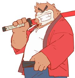  1boy animal_ears bakemono_no_ko bara bear_boy bear_ears belly brown_fur brown_hair commentary_request furry furry_male garou-zuki grin katana kumatetsu looking_at_viewer male_focus simple_background smile solo sword thick_eyebrows weapon white_background 