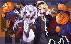  2girls :/ :d awakening_(sennen_sensou_aigis) black_cape black_dress black_legwear blonde_hair blush cape claw_pose closed_mouth colored_skin commentary_request curly_hair detached_sleeves dress eden_(sennen_sensou_aigis) fingernails flat_chest groin hair_between_eyes hairband halloween jack-o&#039;-lantern light_purple_hair lolita_hairband long_fingernails long_hair looking_at_viewer monster multiple_girls navel object9991 oerba_yun_fang open_mouth parted_bangs pointy_ears purple_skin racua_(sennen_sensou_aigis) red_eyes sennen_sensou_aigis sharp_fingernails sidelocks smile sparkle thighhighs twintails v-shaped_eyebrows vampire wings 