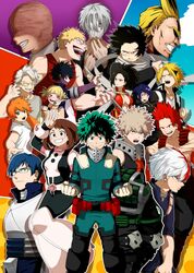  5girls 6+boys aizawa_shouta all_might bakugou_katsuki bangs blunt_bangs boku_no_hero_academia cardigan dabi_(boku_no_hero_academia) double_bun female iida_tenya jirou_kyouka kaminari_denki kendou_itsuka kirishima_eijirou komiya_harumoto midoriya_izuku multiple_boys multiple_girls muscular_(boku_no_hero_academia) school_uniform serafuku shigaraki_tomura tetsutetsu_tetsutets todoroki_shouto toga_himiko uraraka_ochako yaoyorozu_momo 