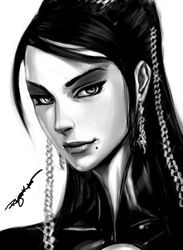  bad_deviantart_id bad_id bayonetta bayonetta_(series) bayonetta_1 chains earrings female greyscale jewelry lips long_hair mole mole_under_mouth monochrome no_eyewear photoshop_(medium) portrait solo the_art_mage 