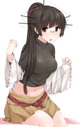  :o black_hair choukai_(kancolle) commentary_request cosplay female glasses gloves hair_ornament hair_over_shoulder highres ise_(kancolle) ise_(kancolle)_(cosplay) kantai_collection long_hair midriff navel ponytail red_eyes ribbon-trimmed_sleeves ribbon_trim rimless_eyewear sitting solo yukichi_(sukiyaki39) 