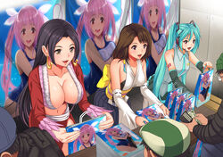  3girls aqua_necktie backpack bag bare_shoulders black_bra black_eyes black_hair blue_skirt boa_hancock boa_hancock_(cosplay) bra breasts brown_eyes brown_hair center_opening cleavage collarbone collared_shirt convention cosplay cowboy_shot detached_sleeves earrings final_fantasy final_fantasy_x fingernails game_cg glasses green_hair groin hair_ornament hakama hakama_skirt happy hat hatsune_miku hatsune_miku_(cosplay) headset highres holding holding_staff i-19_(kancolle) i-19_(kancolle)_(cosplay) indoors jall_boint japanese_clothes jewelry kantai_collection kimono large_breasts leaning_forward lips long_hair long_sleeves looking_at_viewer midriff miniskirt money multiple_boys multiple_girls navel necktie no_bra obi one-piece_swimsuit one_piece otaku parted_lips photoshop_(medium) pink_hair pink_lips pleated_skirt poster_(object) purple_hakama red_eyes revealing_clothes ribbon ribbon-trimmed_sleeves ribbon_trim sash shirt short_hair skirt sleeveless sleeveless_kimono sleeveless_shirt smile snake_earrings staff standing stomach swimsuit table tassel tattoo teeth twintails underwear very_long_hair vocaloid wide_sleeves yellow_eyes yuna_(ff10) yuna_(ff10)_(cosplay) 