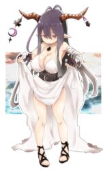  aged_down antenna_hair bandaged_arm bandages black_gloves black_hair breasts cleavage closed_mouth commentary_request danua draph dress female fingerless_gloves full_body gloves granblue_fantasy hachimitsucoffee hair_between_eyes horn_ornament horns jewelry jitome large_breasts long_hair looking_at_viewer necklace pointy_ears red_eyes sandals skirt_hold sleeveless sleeveless_dress solo standing very_long_hair white_background white_dress 