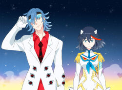  1boy bad_end black_hair blue_hair commentary_request covers_(kill_la_kill) epaulettes female hair_ornament hairclip highres junketsu kill_la_kill life_fiber mako_(macomaco7) matoi_ryuuko mikisugi_aikurou multicolored_hair streaked_hair sunglasses 