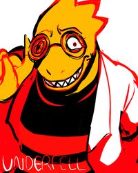  2015 4:5 alternate_universe ambiguous_gender anthro broken_glasses chibimu clothing doctor_alphys_(underfell) english_text eyewear female glasses lizard looking_at_viewer red_eyes reptile scalie simple_background smile solo teeth text underfell undertale undertale_(series) 