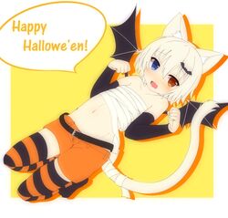  1boy animal_ears blue_eyes cat_boy cat_ears cat_tail commentary_request flat_chest halloween happy_halloween heterochromia kida_kuro_mu looking_at_viewer male_focus navel open_mouth orange_eyes original otoko_no_ko shiro_(kida_kuro_mu) short_hair smile solo striped_clothes striped_thighhighs tail thighhighs yellow_background 