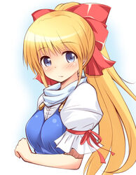  blonde_hair blue_dress blue_eyes blush bow closed_mouth commentary_request dress female hairbow high_ponytail highres leticia_apple light_smile long_hair looking_at_viewer looking_to_the_side photoshop_(medium) ponytail princess_holiday puffy_short_sleeves puffy_sleeves red_bow red_ribbon ribbon shirt short_sleeves sidelocks simple_background solo upper_body very_long_hair white_background white_shirt yuu_(yumezakura) 