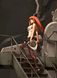  ardjet arm_support artist_request bare_shoulders blunt_bangs bodysuit bodysuit_pull breasts crop_top dated female from_side full_body helmet holding ken_marinaris kneepits large_breasts light_smile long_hair looking_at_viewer looking_back mecha midriff official_art parted_lips pilot_suit railing red_hair robot sidelocks signature smile solo stairs standing tank_top unworn_headwear unworn_helmet very_long_hair zone_of_the_enders zone_of_the_enders_2 