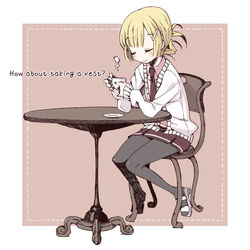  bad_id bad_pixiv_id black_pantyhose blonde_hair blush chair chika_(orange_pop) closed_eyes cup english_text female full_body hair_ornament hairclip necktie original pantyhose ponytail saucer short_hair sitting skirt smile solo steam sweater table teacup 