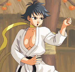  bad_id bad_pixiv_id black_eyes black_hair breasts cleavage dougi female flipped_hair karate_gi large_breasts makoto_(street_fighter) open_clothes open_shirt shirt short_hair shun_(greendragon) solo street_fighter street_fighter_iii_(series) street_fighter_iv_(series) 