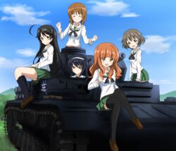  5girls ahoge akiyama_yukari black_eyes black_hair black_socks black_thighhighs blouse blunt_bangs blush brown_eyes brown_footwear brown_hair caterpillar_tracks closed_eyes cloud cloudy_sky commentary_request day emblem girls_und_panzer green_skirt hairband highres isuzu_hana kneehighs loafers long_hair long_sleeves looking_at_viewer messy_hair military military_vehicle miniskirt motor_vehicle multiple_girls neckerchief nishizumi_miho ooarai_(emblem) ooarai_school_uniform open_mouth orange_eyes orange_hair outdoors panzer_iv pleated_skirt reizei_mako school_uniform serafuku shirt shoes short_hair sitting skirt sky smile socks standing suemizu_yuzuki takebe_saori tank thighhighs white_shirt 