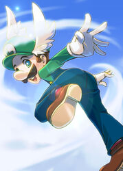  blue_eyes brown_hair cap facial_hair feathers flying from_behind gloves hat head_wings looking_back luigi male male_focus moustache nintendo overalls saiha sky solo super_mario_64 super_mario_64_ds super_mario_bros. suspenders wings 