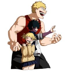  2boys bangs blonde_hair blunt_bangs boku_no_hero_academia cardigan dabi_(boku_no_hero_academia) double_bun female knife komiya_harumoto multiple_boys muscular_(boku_no_hero_academia) school_uniform serafuku skirt toga_himiko weapon yellow_eyes 