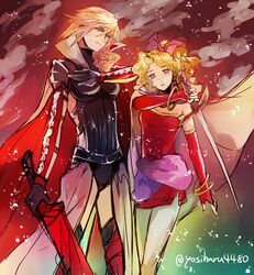  &eacute;clair_farron 2girls armor blonde_hair bow cape detached_sleeves final_fantasy final_fantasy_vi final_fantasy_xiii fingerless_gloves gloves high_collar lightning_returns:_final_fantasy_xiii multiple_girls pink_hair pose sword thighhighs tina_branford weapon yosiharu4480 