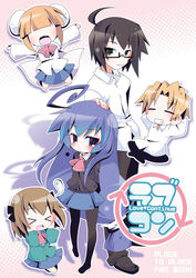  &gt;_&lt; 108_(108_tofuya) 2boys 3girls :3 acchi_kocchi ahoge animal_ears black_hair blue_eyes blue_hair blush brown_hair cat_ears cat_tail chibi closed_eyes commentary_request copyright_name glasses hair_over_eyes haruno_hime inui_sakaki katase_mayoi lab_coat long_hair miniwa_tsumiki multiple_boys multiple_girls orange_hair otonashi_io photoshop_(medium) purple_eyes school_uniform short_hair skirt smile tail very_long_hair 