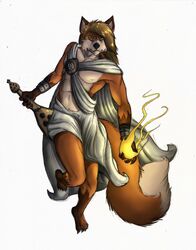  alfred_(umpherio) anthro barefoot biped bottomwear canid canine clothing feet fox hair hi_res loincloth long_hair looking_at_viewer magic male mammal mantle musical_instrument paws red_fox simple_background solo true_fox umpherio white_background yellow_eyes 