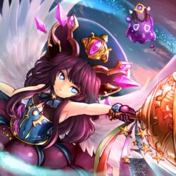  +_+ aka_(440626) armpits bell blue_eyes cleavage_cutout clothing_cutout commentary_request female gloves hat lumiel_(p&amp;d) purple_hair puzzle_&amp;_dragons smile symbol-shaped_pupils tapir wings 